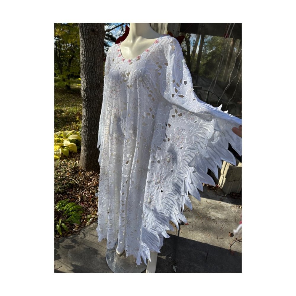 White Angel Wing Caftan Dress Sequins Embroidery Cutwork